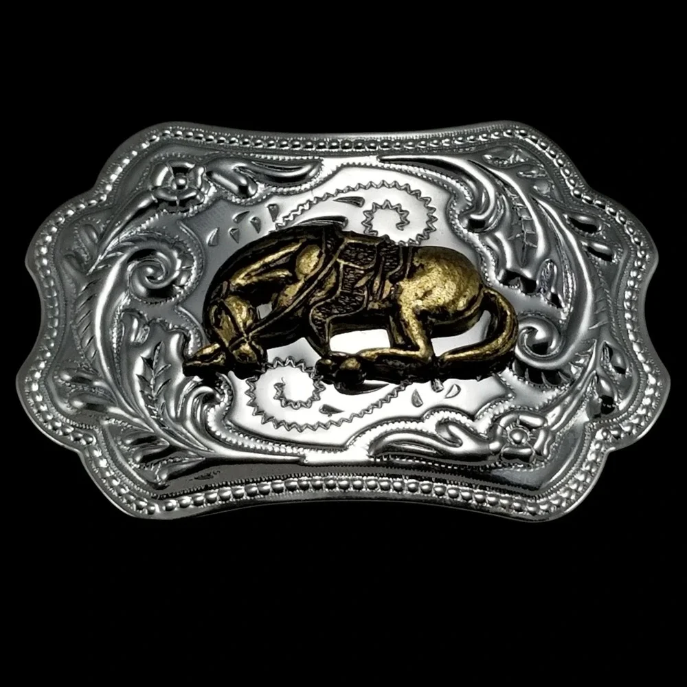 Western Horse Bucking Silver Tone Rodeo Cowboy Belt Buckle USA Made‎